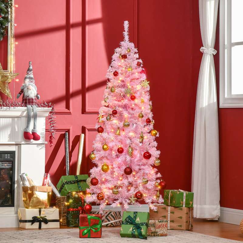 HOMCOM 5FT Tall Prelit Pencil Slim Artificial Christmas Tree with Realistic Branches, Warm White LED Lights and 408 Tips, Xmas Decoration, Pink