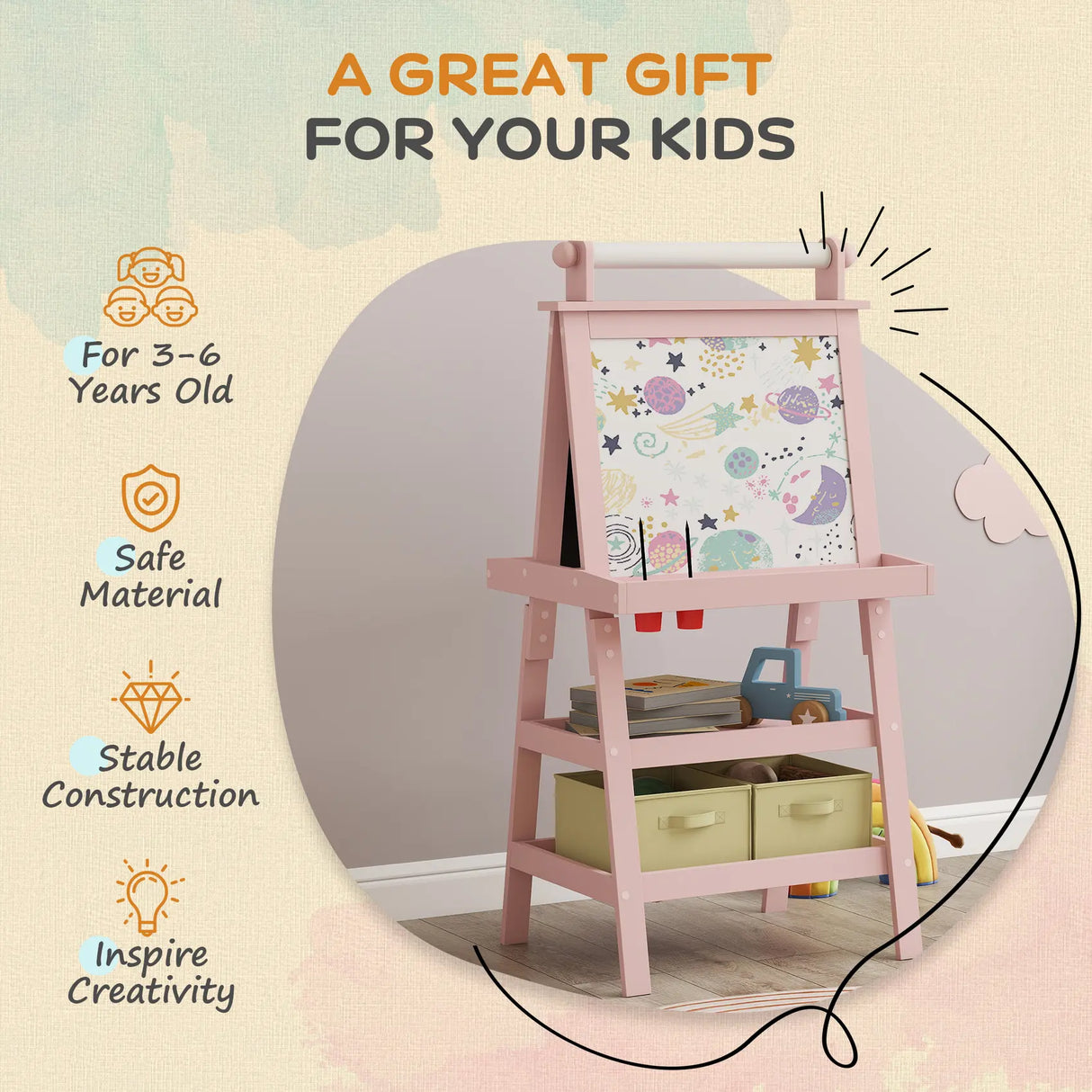 AIYAPLAY 3 in 1 Kids Easel Double-Sided Magnetic Whiteboard and Chalkboard with Paper Roll, Storage Baskets - Pink