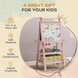 AIYAPLAY 3 in 1 Kids Easel Double-Sided Magnetic Whiteboard and Chalkboard with Paper Roll, Storage Baskets - Pink