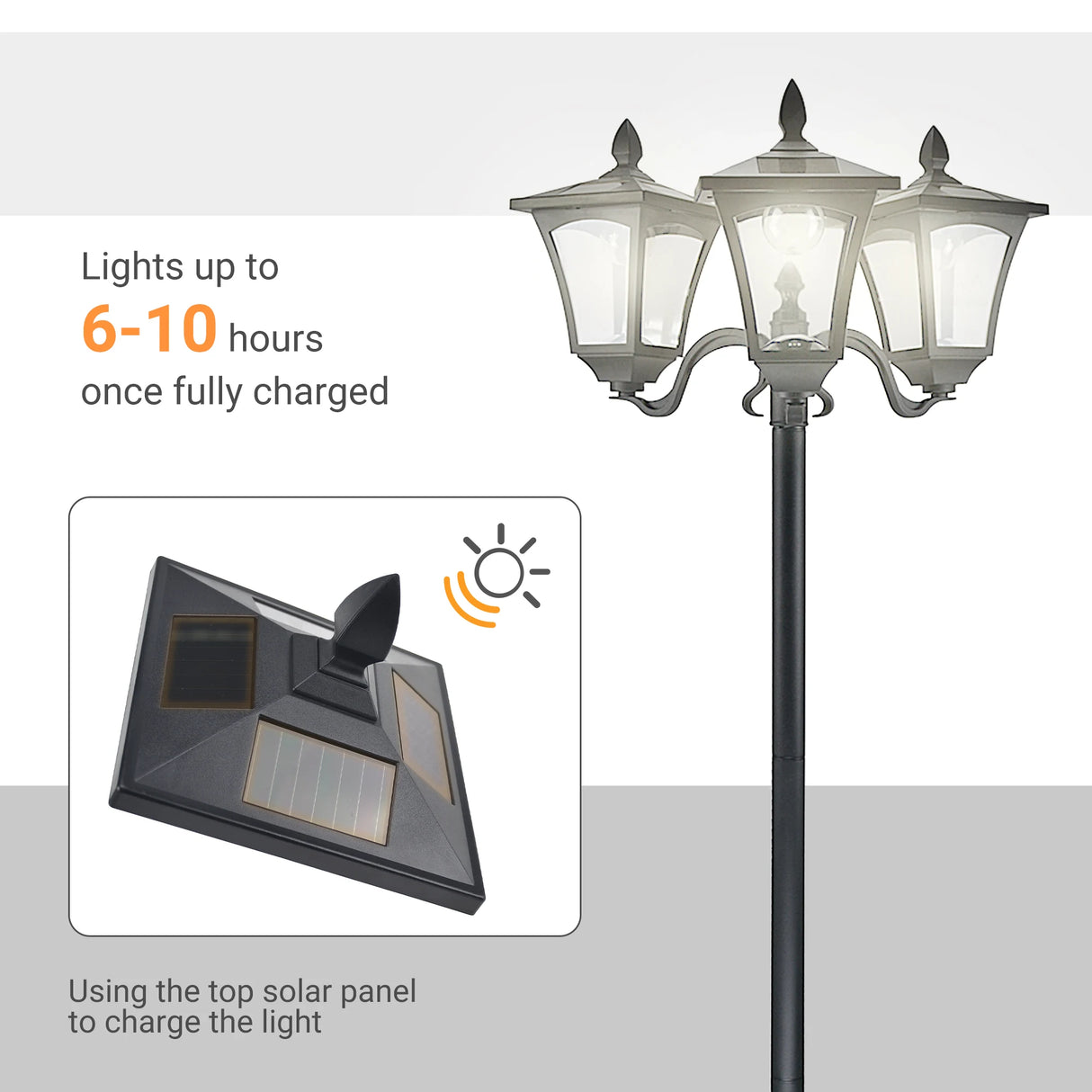 Outsunny 1.8m Traditional Victorian Style 3 Way Head Outdoor Garden Solar Post Lamp Sensor Dimmable LED Lantern Bollard Pathway IP44  Black