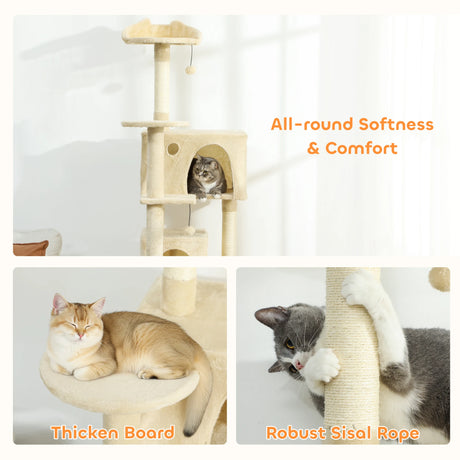 PawHut 180cm Large Cat Tree Tower with Sisal Scratching Posts, Condos, Plush Perches, Hammock, Ladder, Beige
