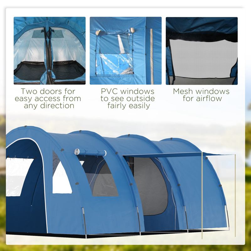 Outsunny 5-6 Man Tunnel Tent, Two Room Camping Tent with Floor, 2 Doors and Carry Bag, 2000mm Water Column for Fishing, Hiking, Sports, Festival