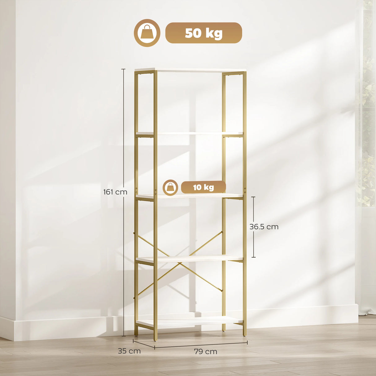 HOMCOM 5-Tier Bookshelf, Modern Bookcase with Metal Frame - White and Gold Tone