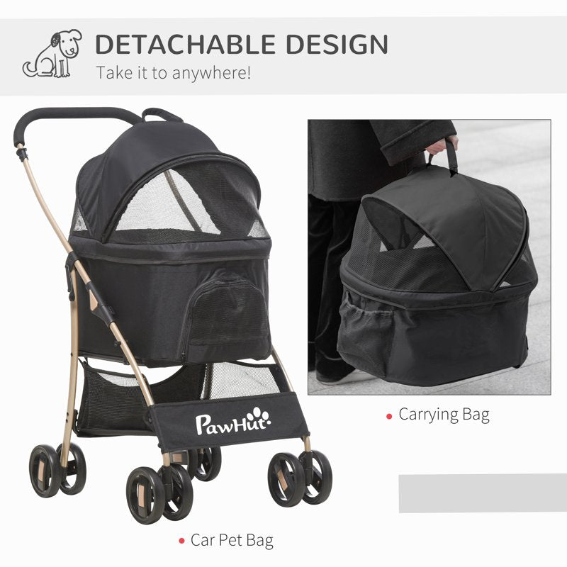 PawHut Detachable Pet Stroller with Rain Cover, 3 In 1 Cat Dog Pushchair, Foldable Carrying Bag w/ Universal Wheels, Brake, Canopy, Basket, Storage Bag for Small and Tiny Dogs - Black