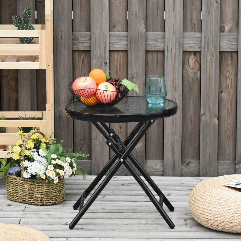 Outsunny Foldable Garden Table, Round Folding Table with Glass Tabletop and Safety Buckle for Patio, Garden, Outdoor, Indoor, Black