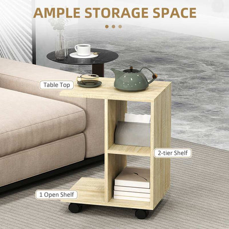 HOMCOM C-Shape End Table Unique Storage Unit w/ 2 Shelves 4 Wheels Freestanding Home Office Furniture Cabinet Square Studio Natural