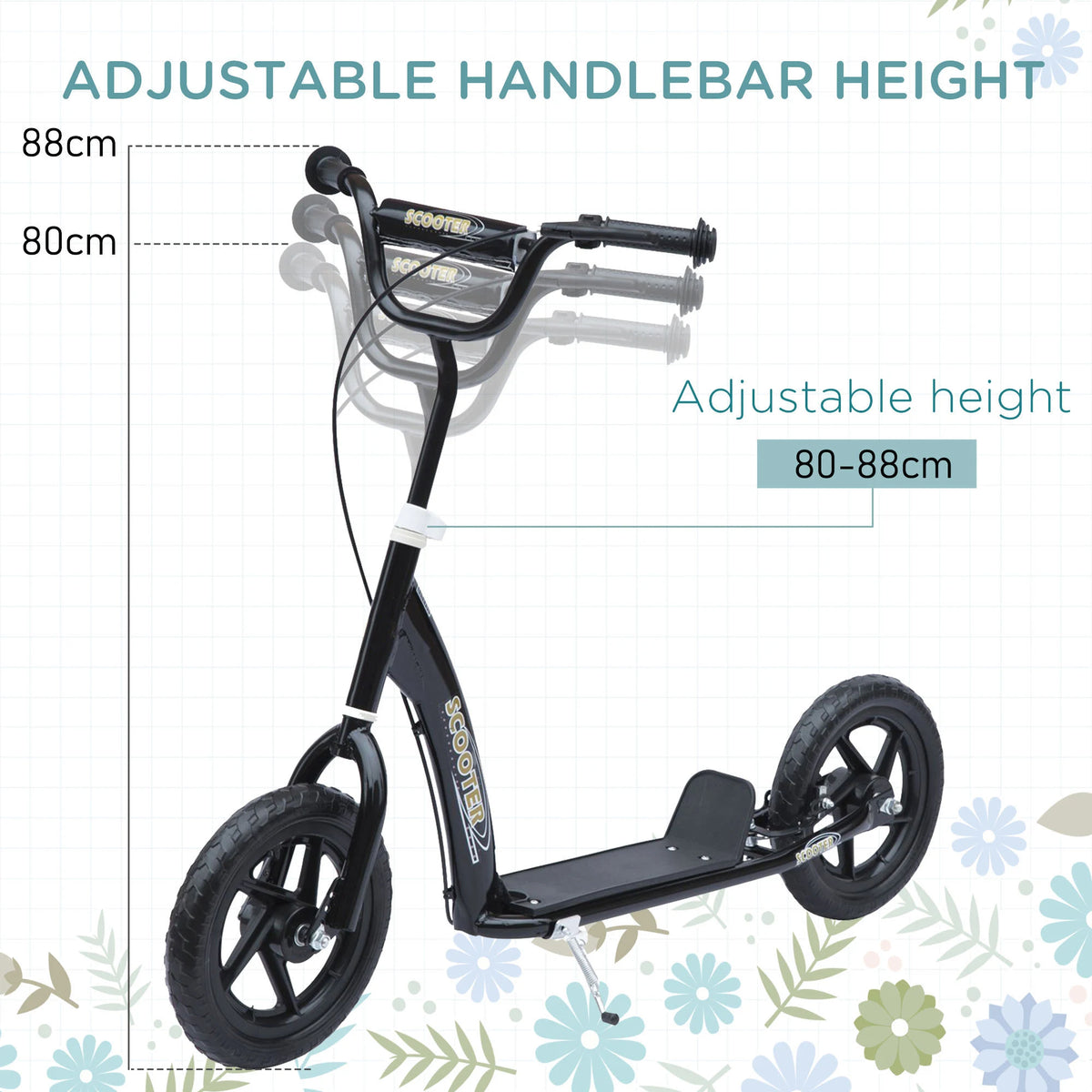 HOMCOM Kids Scooter Kick Scooter, with 12" EVA Tyres, Rear Brake, Big Wheels Scooter for 5-12 Years , Black
