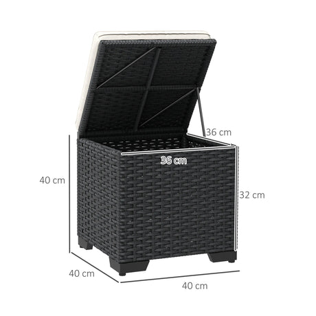 Outsunny Set of 2 Rattan Storage Ottoman, Outdoor Footstool with Removable Cushions, Garden Storage Seat for Balcony, Porch, Living Room, Cream