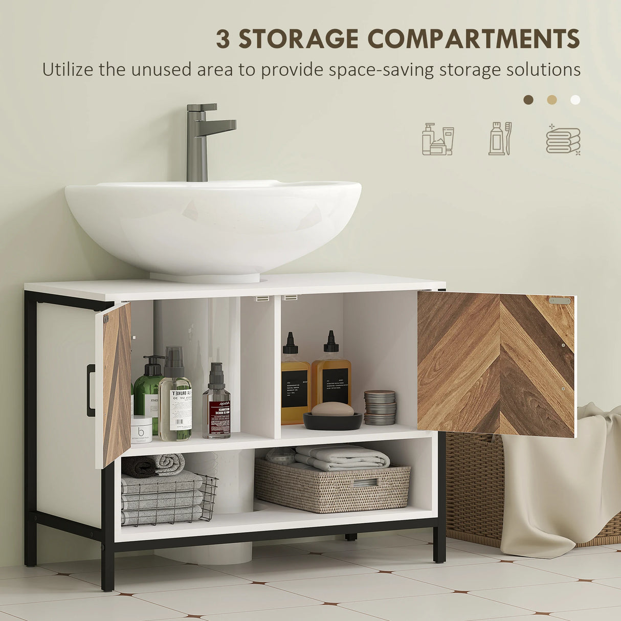 HOMCOM Under Sink Bathroom Cabinet, Rustic Under Sink Cabinet with Herringbone Doors and Open Compartment for Basin with or without Pedestal, 80 x 40 x 60cm, Cream White