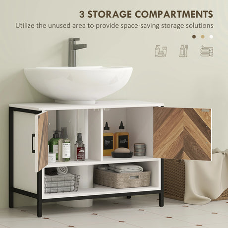 HOMCOM Under Sink Bathroom Cabinet, Rustic Under Sink Cabinet with Herringbone Doors and Open Compartment for Basin with or without Pedestal, 80 x 40 x 60cm, Cream White