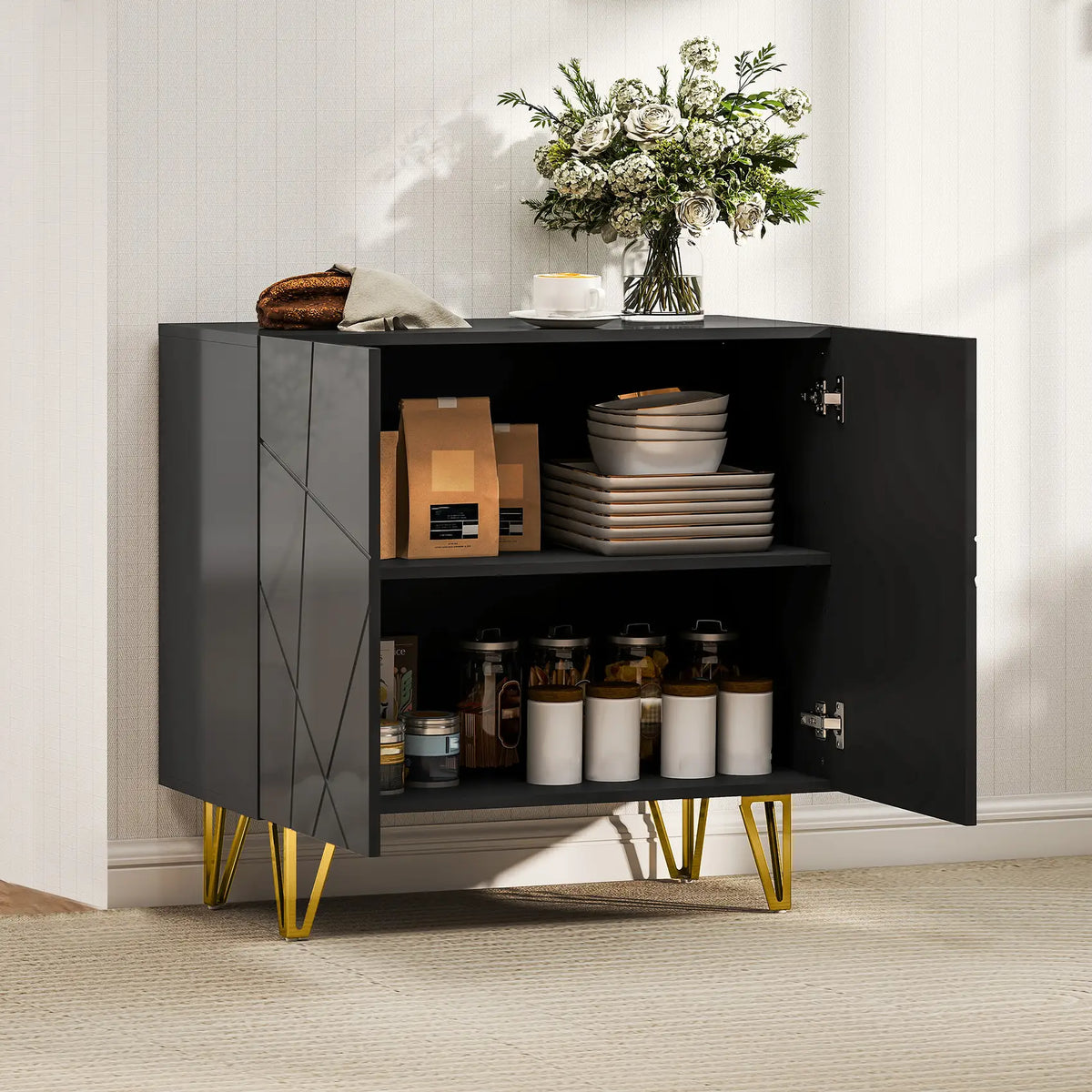 HOMCOM Modern Luxe High Gloss Sideboard, with Hairpin Legs - Black