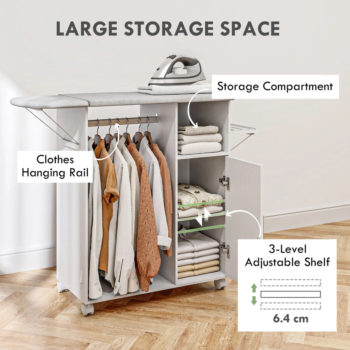 HOMCOM Rolling Ironing Board Cabinet, Foldable Ironing Station with Storage, Wheels for Home, Laundry Room, White