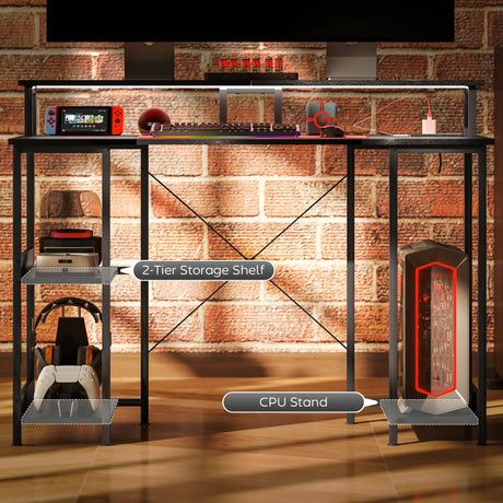 HOMCOM LED Computer Desk, with Power Outlets and Shelves - Black