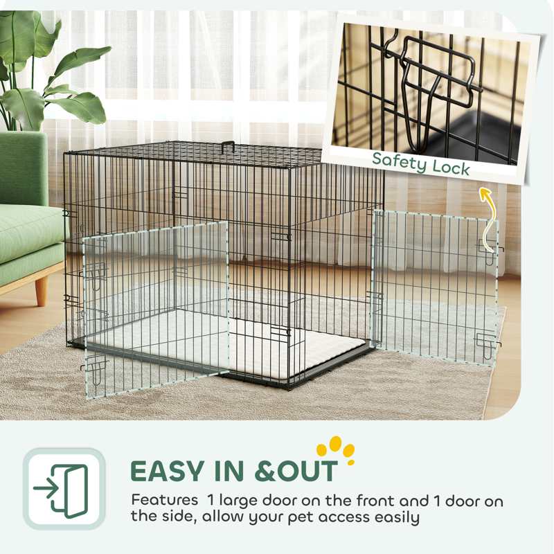 PawHut Dog Crate with 2 Doors with Tray, Soft Cushion, Foldable Metal Dog Cage for Large Medium Dogs, 91 x 62 x 68, Black