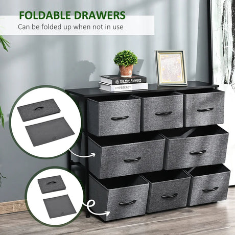 HOMCOM Chest of Drawers with 8 Foldable Drawers, 3-Tier Fabric Bedroom Dresser, Clothes Storage Unit for Bedroom Living Room, Dark Grey