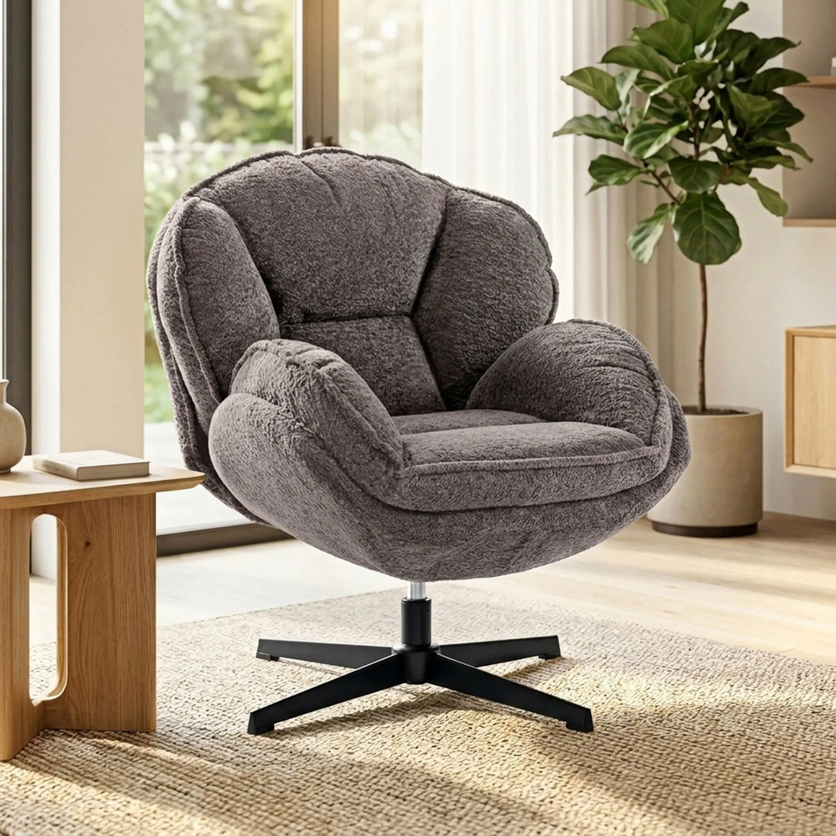 HOMCOM Modern Wingback Accent Chair, Velvet Armchair with Four-Star Base, S-Springs, Swivel, Grey
