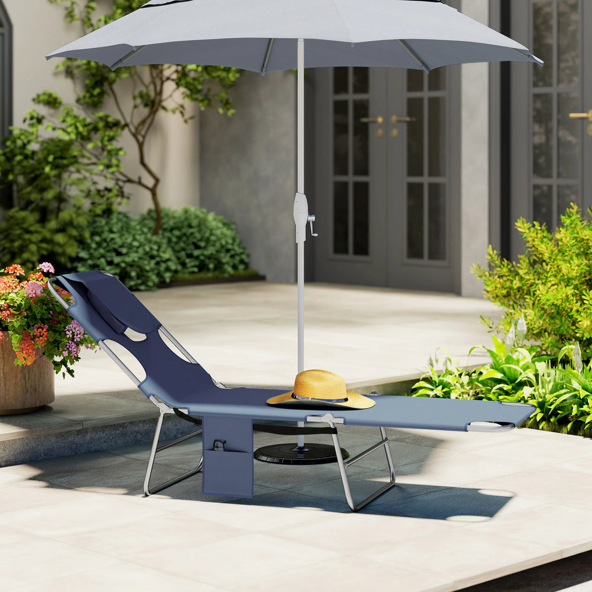 Outsunny Foldable Sun Lounger, Beach Chaise Lounge with Reading Hole, Arm Slots, 5-Position Adjustable Backrest, Side Pocket, Pillow for Garden, Beach, Pool, Grey