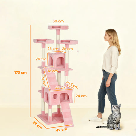 PawHut 173cm Cat Tree Scratching House, Activity Play Centre, Pink