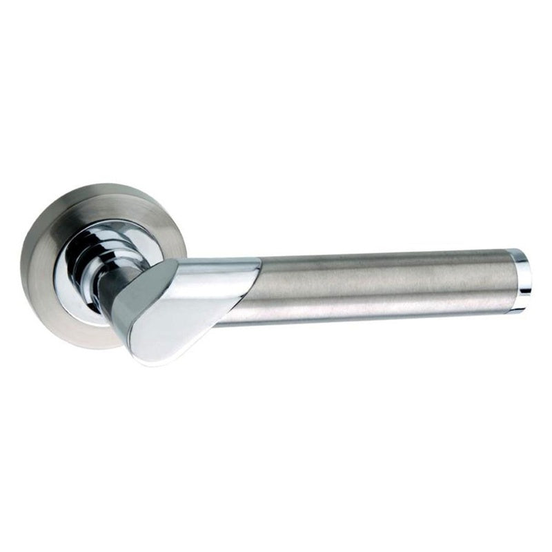 Mediterranean Tunis Lever Door Handle on Round Rose - Satin Nickel/Polished Chrome - Set