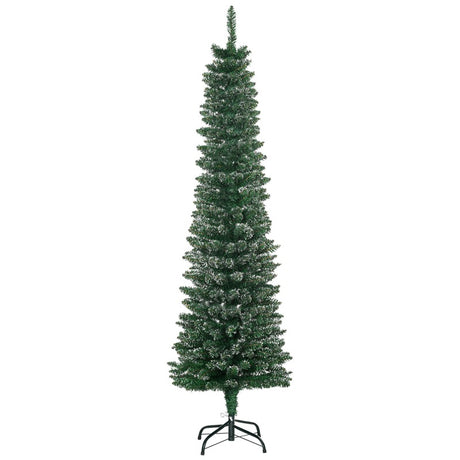 HOMCOM 5.5FT Artificial Snow Dipped Christmas Tree Xmas Pencil Tree Holiday Home Indoor Decoration with Foldable Black Stand, Green