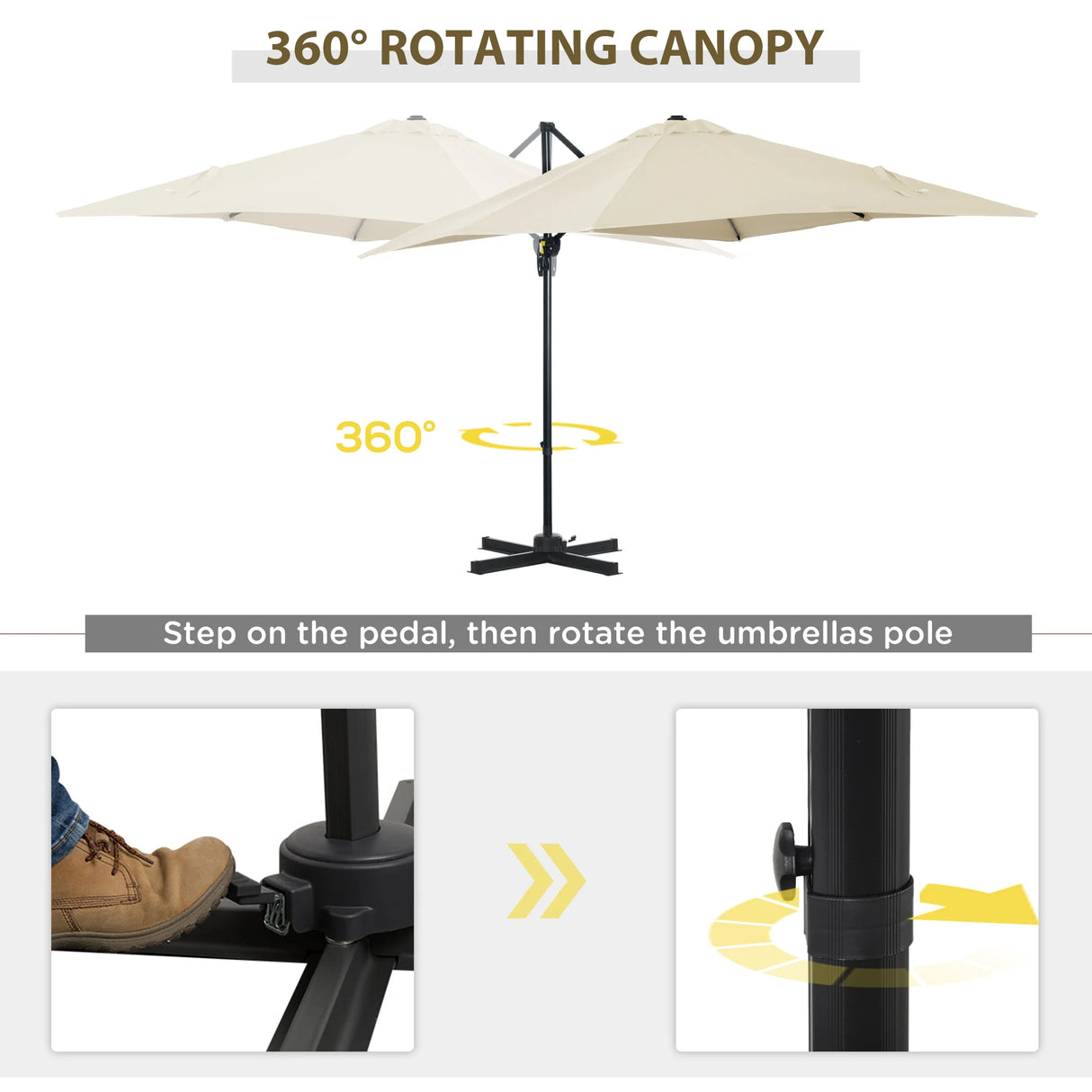 Outsunny 2.5 x 2.5m Patio Offset Parasol Umbrella Cantilever Hanging Aluminium Sun Shade Canopy Shelter 360 Rotation with Crank Handle and Cross Base, Cream White