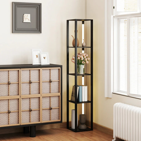 HOMCOM Floor Lamp with Shelves, 4 Layer Dimmable Column Modern Standing Lamp with 3 Brightness Levels and Foot Switch for Living Room, Bedroom, Office, Black
