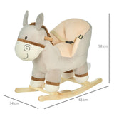 HOMCOM Kids Children Rocking Horse Plush Ride On Donkey Seat w/ Sound Wood Base Seat Safety Belt Toddler Baby Toy Rocker Grey 18 - 36 Months