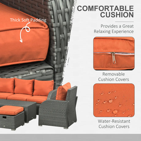 Outsunny Six-piece Outdoor Rattan Dining Set, Outdoor Sofa Set with Reclining Armchairs and Mental Frame, Orange