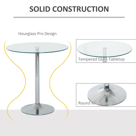 HOMCOM Round Dining Table, Modern Dining Room Table with Tempered Glass Top, Steel Base, Space Saving Small Bar Table
