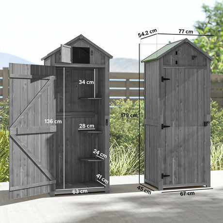 Outsunny Wooden Garden Shed, Utility Outdoor Small Shed with Lockable Double Doors, Shelves and Roof Hatch, Grey