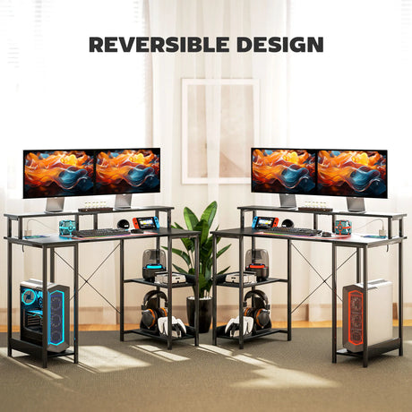 HOMCOM LED Computer Desk, with Power Outlets and Shelves - Black