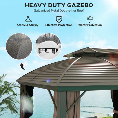 Outsunny 3.65 x 3(m) Hardtop Steel Gazebo Canopy with Aluminium Frame, Double Roof, Net Sidewalls and Curtains, Coffee
