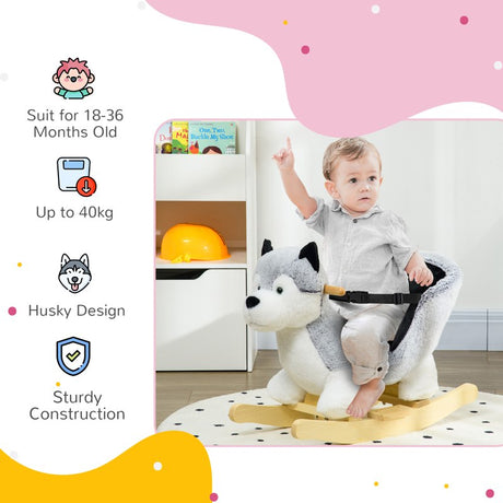 HOMCOM Baby Rocking Horse, Husky-Designed Plush Rocking Animal, with Sounds, Seatbelt, for Ages 18-36 Months - Grey