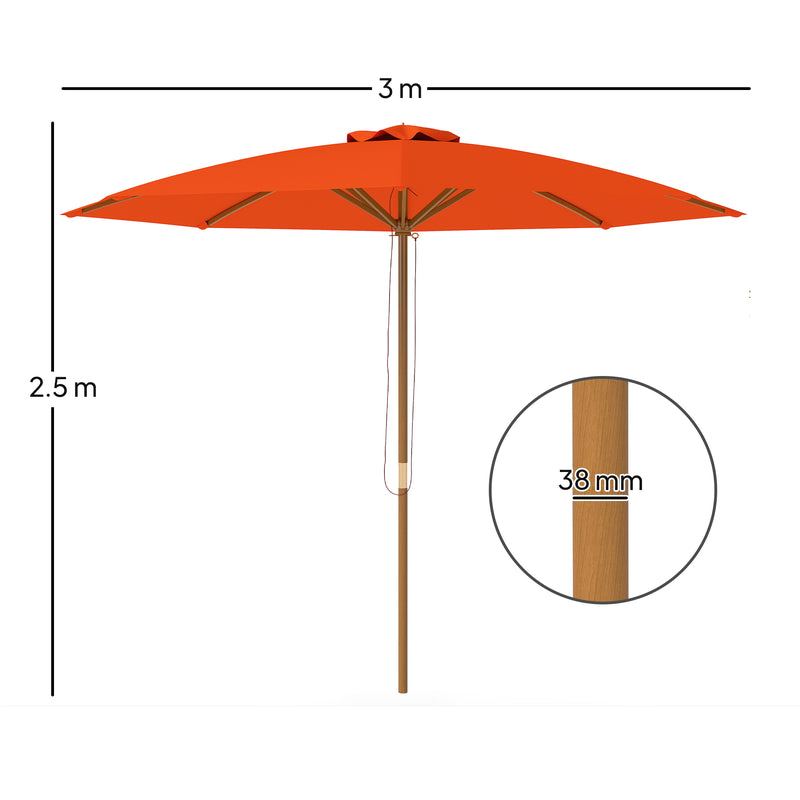Outsunny 3m Wood Pole Parasol Umbrella - Orange