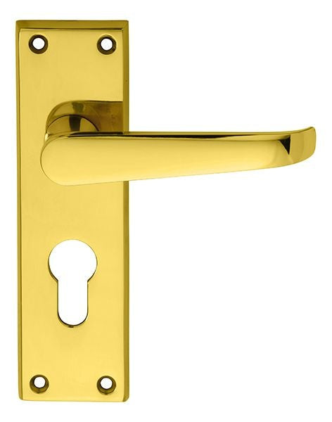 VICTORIAN FLAT LEVER ON BACKPLATE - LOCK EURO PROFILE 47.5MM C/C (CONTRACT RANGE) - POLISHED BRASS - 155MM X 40MM - PAIR