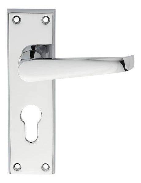 VICTORIAN FLAT LEVER ON BACKPLATE - LOCK EURO PROFILE 47.5MM C/C (CONTRACT RANGE) - POLISHED CHROME - 155MM X 40MM - PAIR