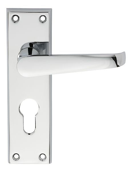 VICTORIAN FLAT LEVER ON BACKPLATE - LOCK EURO PROFILE 47.5MM C/C (CONTRACT RANGE) - POLISHED CHROME - 155MM X 40MM - PAIR