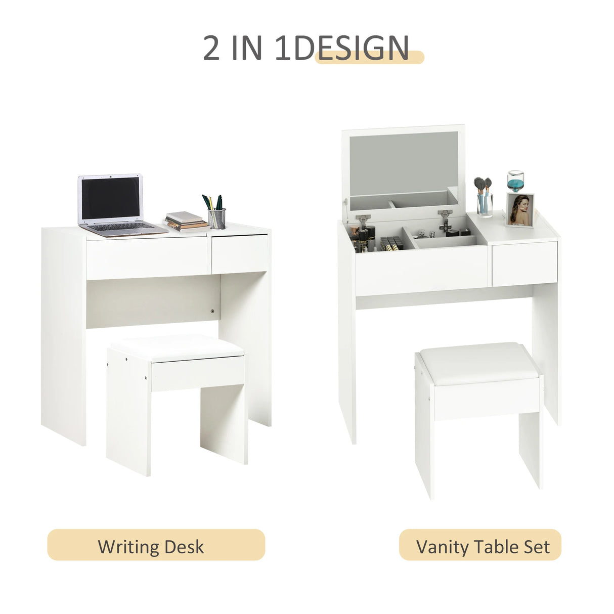 HOMCOM Makeup Desk with Drawer, Vanity Table Set with Flip-up Mirror and Cushioned Stool, White