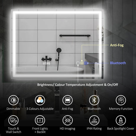 HOMCOM 60 x 80 cm Anti-Fog LED Bathroom Mirror, with Bluetooth and Clock - Silver Tone