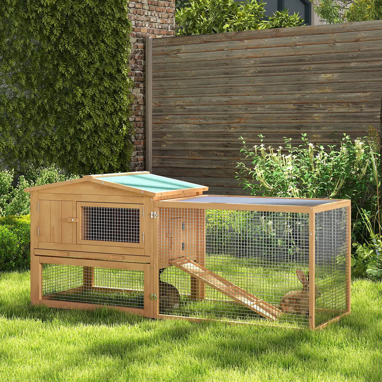 Pawhut Wooden Rabbit Hutch Guinea Pig hutch House 2 Tier with Rabbit Run for Outdoor Garden Backyard, 85 x 24 x 57cm