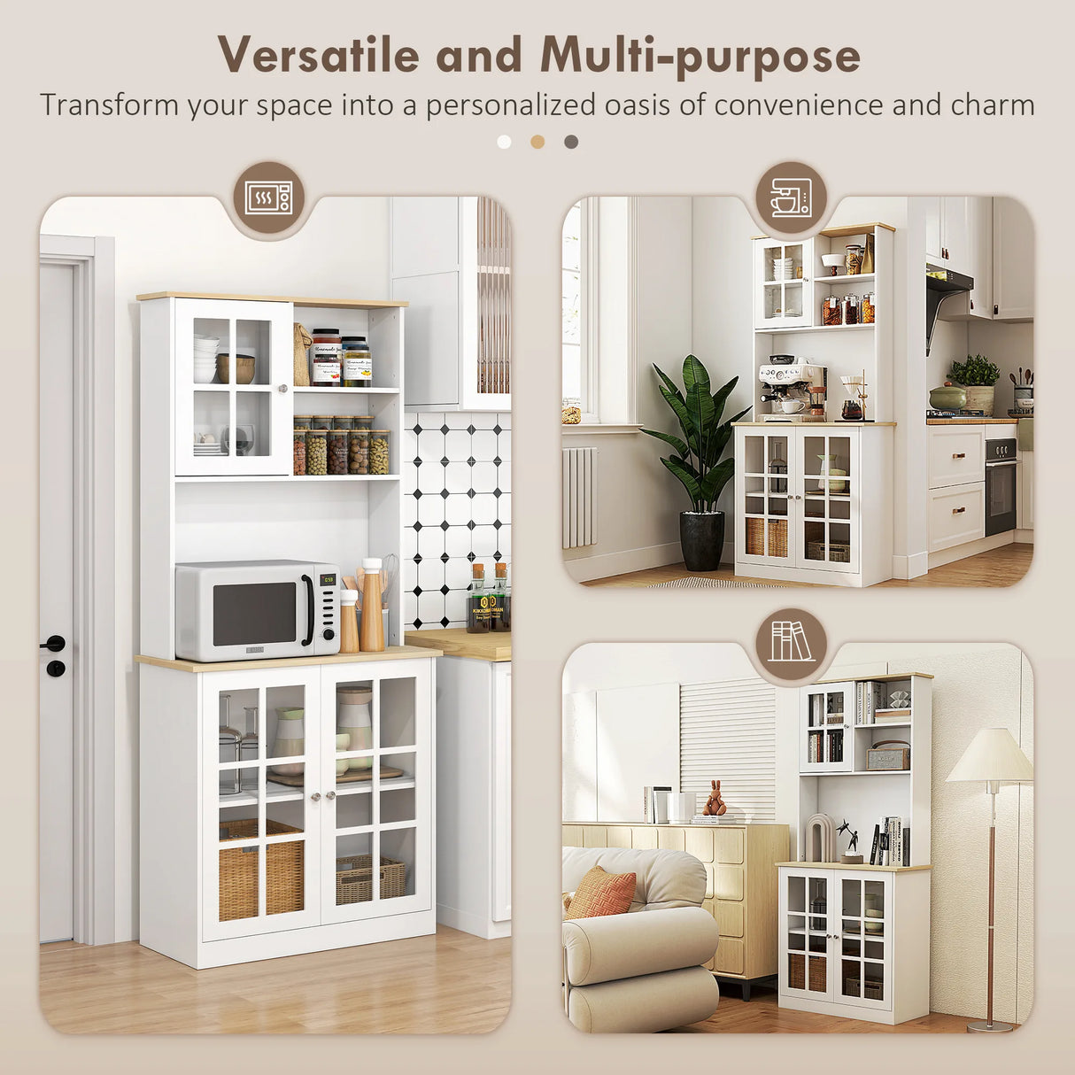 HOMCOM Freestanding Kitchen Cupboard, Storage Cabinet with Doors and Adjustable Shelves, Counter Top, Grid Glass Doors, 80L x 37W x 183H cm - White