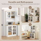 HOMCOM Freestanding Kitchen Cupboard, Storage Cabinet with Doors and Adjustable Shelves, Counter Top, Grid Glass Doors, 80L x 37W x 183H cm - White