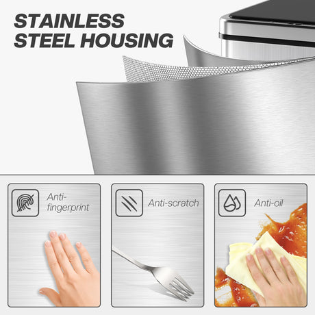HOMCOM 50L Sensor Bin with Quiet Soft-Close Lid, Automatic Touchless Motion Sensor Kitchen Bin with Fingerprint Resistant Stainless Steel for Hygienic Gyms, Home Office Use, Silver Tone