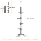 PawHut Floor to Ceiling Cat Tree Height Adjustable 230-260cm, 5-Tier Cat Tower with Scratching Post, Hammock, Perches, Climbing Activity Centre for Indoor Kittens, Grey