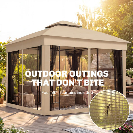 Outsunny 3 x 3 m Outdoor Garden Gazebo with Post Shelves, UPF50+ Double Roof Patio Permanent Pavilion, Brown