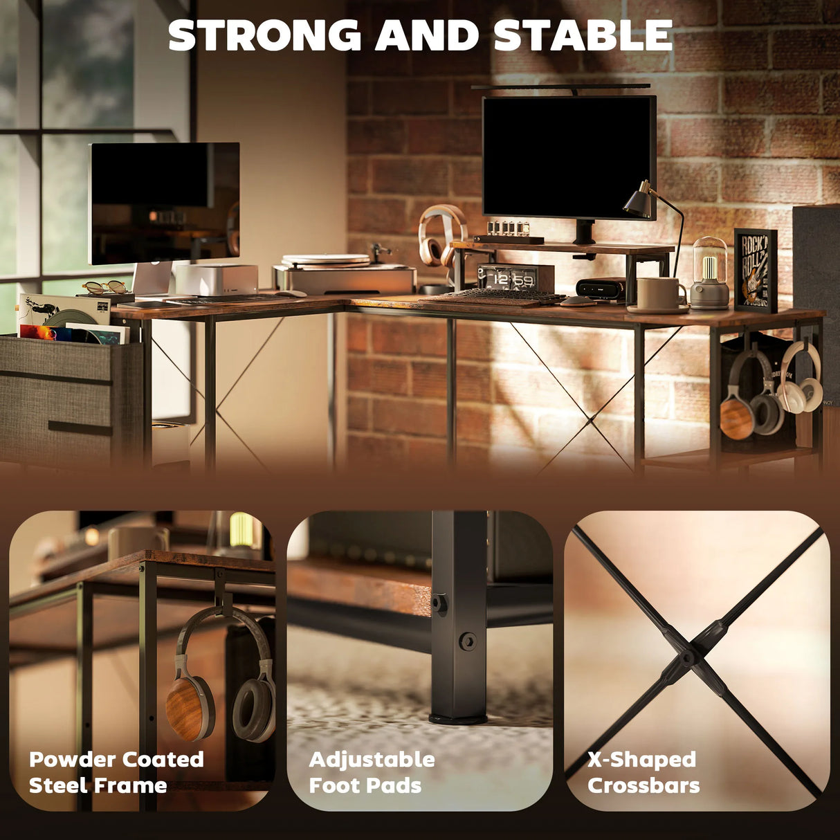 HOMCOM 168cm Reversible L Shaped Desk, Industrial Corner Computer Desk with Adjustable Shelf and Storage Bag, 240cm 2 Person PC Table with Monitor Stand, Rustic Brown