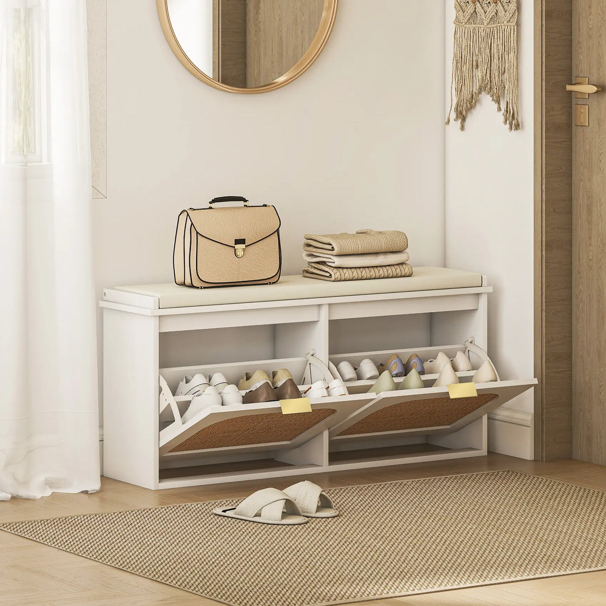 HOMCOM Boho Shoe Bench with Padded Seat and 2 Flip-Drawers - White