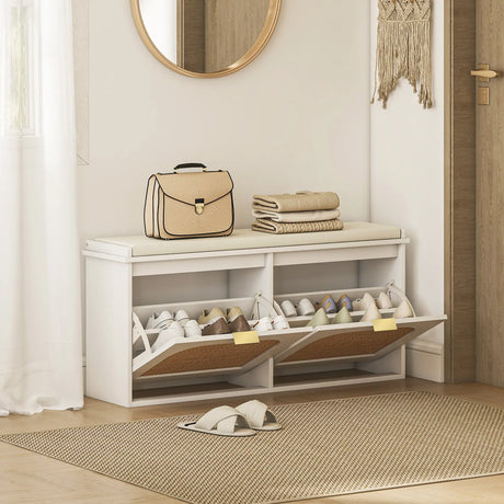 HOMCOM Boho Shoe Bench with Padded Seat and 2 Flip-Drawers - White