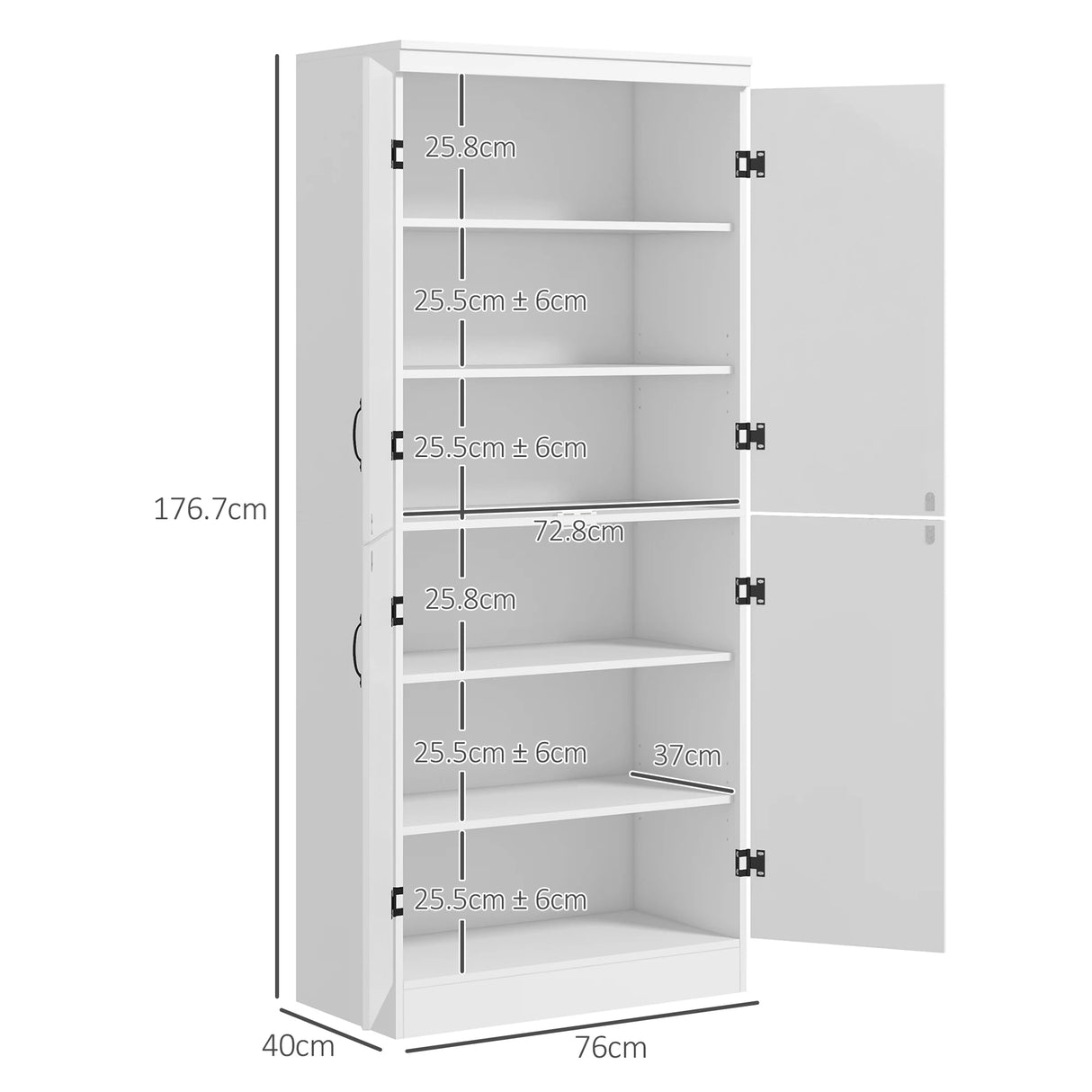 HOMCOM 4-Door Tall Kitchen Cupboard, Freestanding 6-Tier Storage Cabinet with 2 Adjustable Shelves for Living Room, Dining Room, White