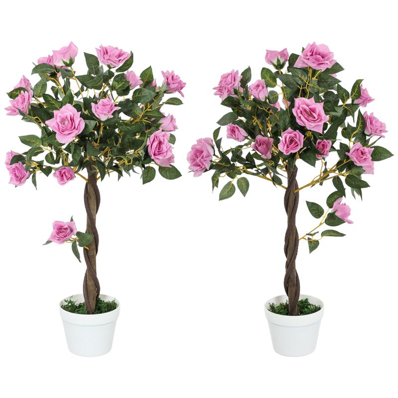 Outsunny Set of 2 Artificial Plants White Rose Floral in Pot, Fake Plants for Home Indoor Outdoor Decor, 90cm, Purple